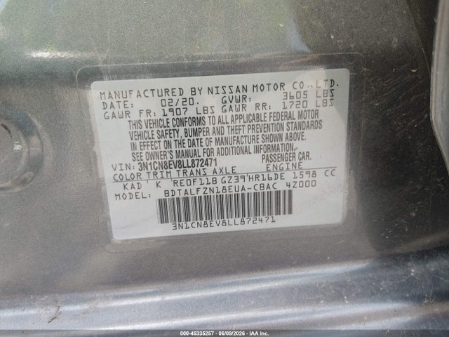 45335257 :رقم المزاد ، 3N1CN8EV8LL872471 vin ، 2020 Nissan Versa Sv Xtronic Cvt مزاد بيع
