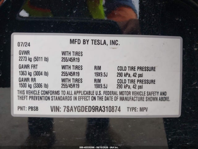 45335266 :رقم المزاد ، 7SAYGDED9RA310874 vin ، 2024 Tesla Model Y مزاد بيع