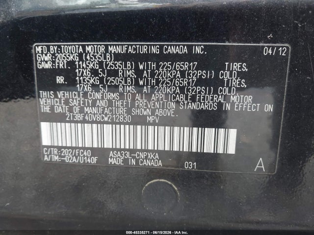 Aukcja sprzedaży 2012 Toyota Rav4, vin: 2T3BF4DV8CW212830, numer aukcji: 45335271