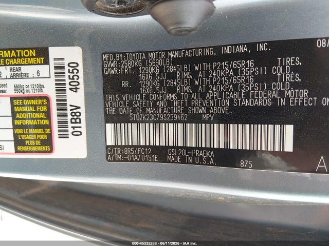 Aukcja sprzedaży 2009 Toyota Sienna Le, vin: 5TDZK23C79S239462, numer aukcji: 45335288