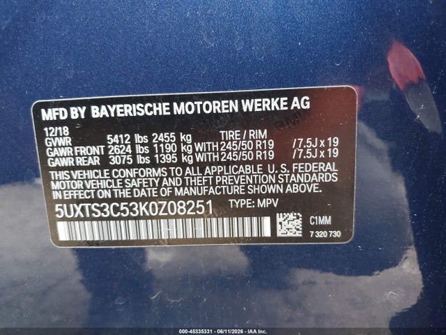 Продаж на аукціоні авто 2019 Bmw X3 M40i, vin: 5UXTS3C53K0Z08251, номер лоту: 45335331