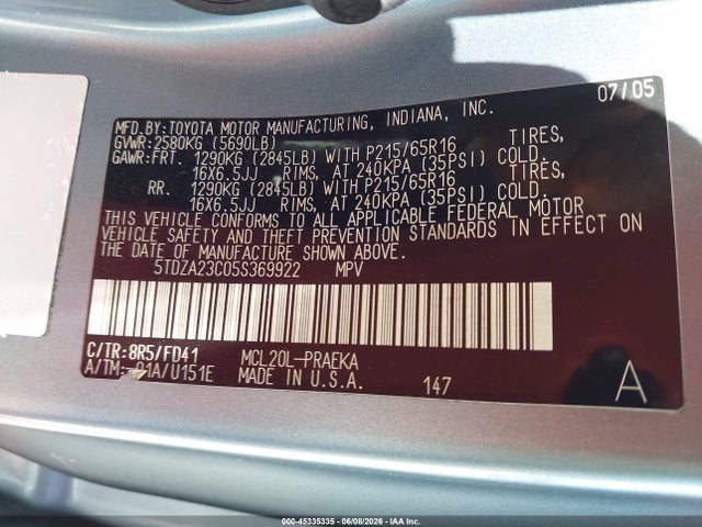 45335335 :رقم المزاد ، 5TDZA23C05S369922 vin ، 2005 Toyota Sienna Ce مزاد بيع