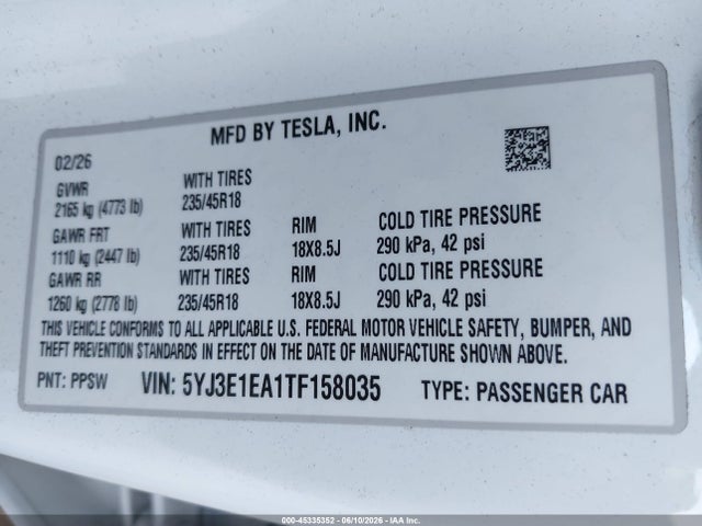 Продаж на аукціоні авто 2026 Tesla Model 3, vin: 5YJ3E1EA1TF158035, номер лоту: 45335352