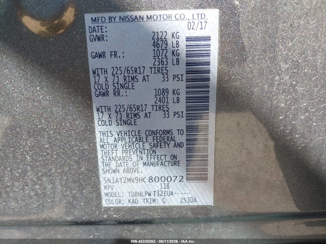 Aukcja sprzedaży 2017 Nissan Rogue S, vin: 5N1AT2MV9HC800072, numer aukcji: 45335362