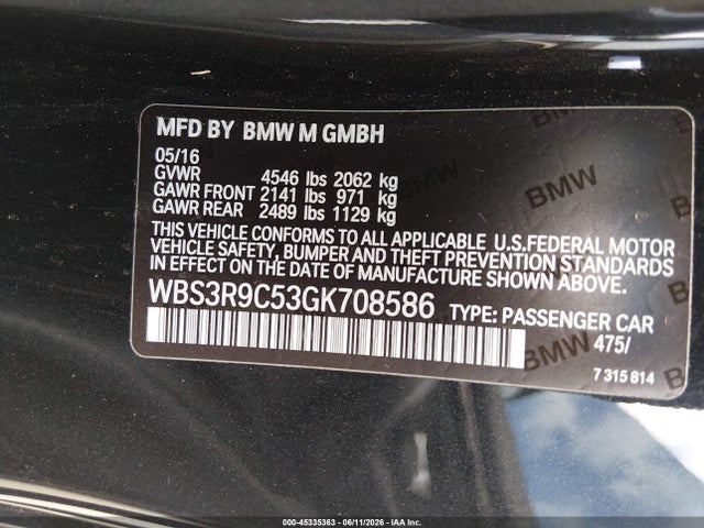 2016 Bmw M4 მანქანა იყიდება აუქციონზე, vin: WBS3R9C53GK708586, აუქციონის ნომერი: 45335363