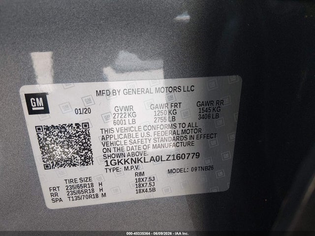 45335364 :رقم المزاد ، 1GKKNKLA0LZ160779 vin ، 2020 Gmc Acadia Fwd Sle مزاد بيع