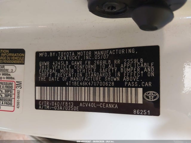 2007 Toyota Camry Le მანქანა იყიდება აუქციონზე, vin: 4T1BE46K47U700628, აუქციონის ნომერი: 45335367