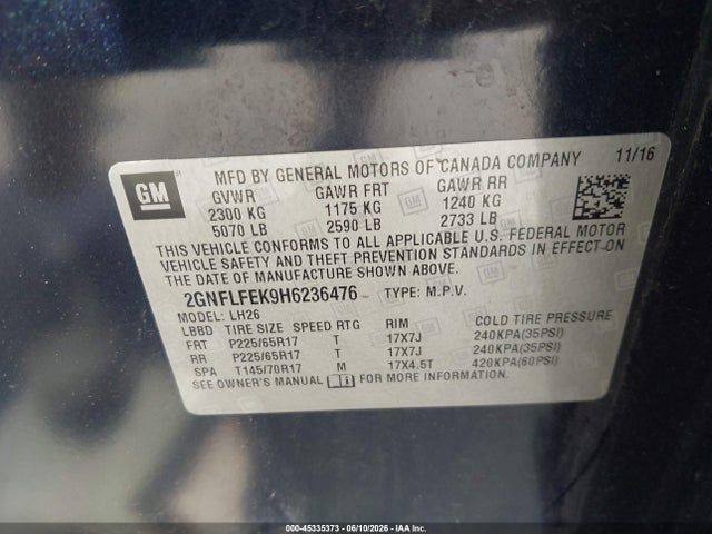 Продаж на аукціоні авто 2017 Chevrolet Equinox Lt, vin: 2GNFLFEK9H6236476, номер лоту: 45335373