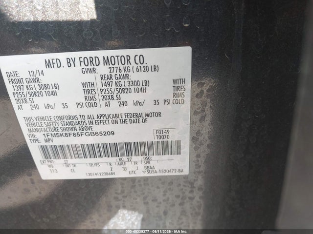 45335377 :رقم المزاد ، 1FM5K8F85FGB65209 vin ، 2015 Ford Explorer Limited مزاد بيع