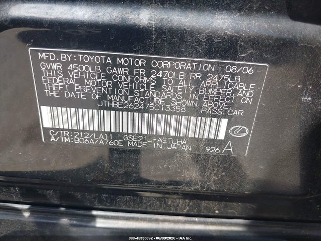 Aukcja sprzedaży 2007 Lexus Is 350, vin: JTHBE262475013358, numer aukcji: 45335392
