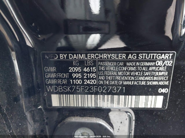 Aukcja sprzedaży 2003 Mercedes-benz Sl 500, vin: WDBSK75F23F027371, numer aukcji: 45335407