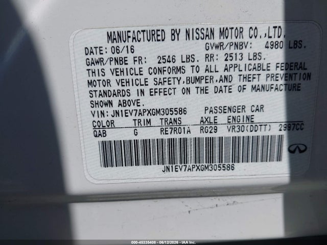 45335408 :رقم المزاد ، JN1EV7APXGM305586 vin ، 2016 Infiniti Q50 3.0t Premium مزاد بيع
