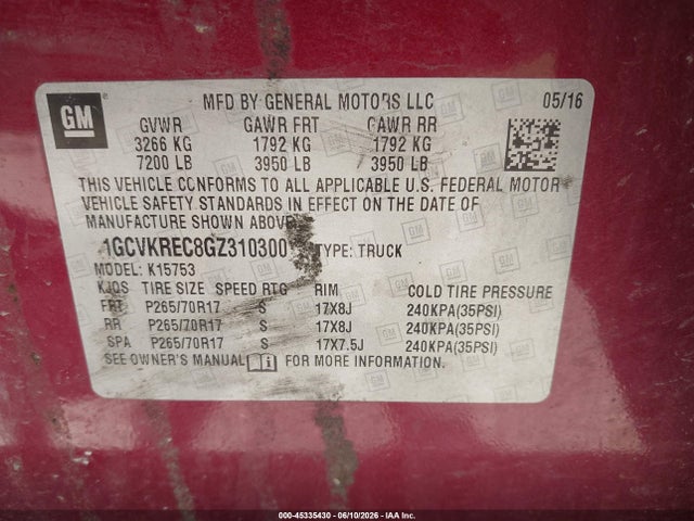 45335430 :رقم المزاد ، 1GCVKREC8GZ310300 vin ، 2016 Chevrolet Silverado 1500 Lt مزاد بيع