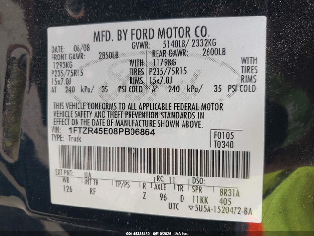 Продажа на аукционе авто 2008 Ford Ranger Fx4 Off-road/sport/xlt, vin: 1FTZR45E08PB06864, номер лота: 45335480