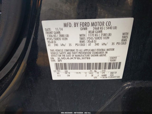 Продаж на аукціоні авто 2015 Lincoln Mkx, vin: 2LMDJ6JK7FBL30789, номер лоту: 45335485