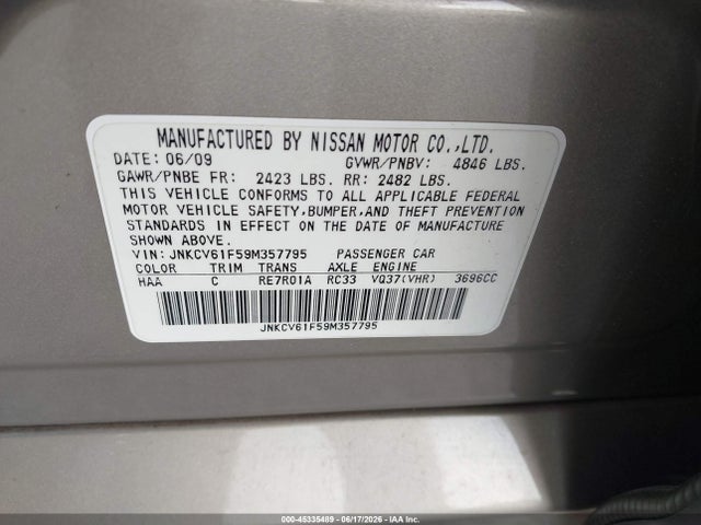 Aukcja sprzedaży 2009 Infiniti G37x, vin: JNKCV61F59M357795, numer aukcji: 45335489