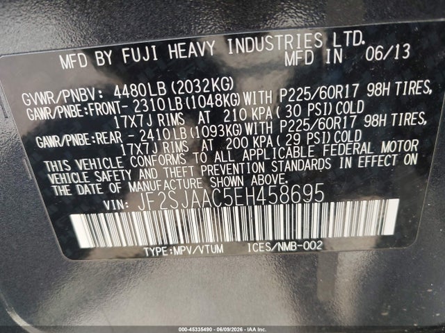 2014 Subaru Forester 2.5i მანქანა იყიდება აუქციონზე, vin: JF2SJAAC5EH458695, აუქციონის ნომერი: 45335490