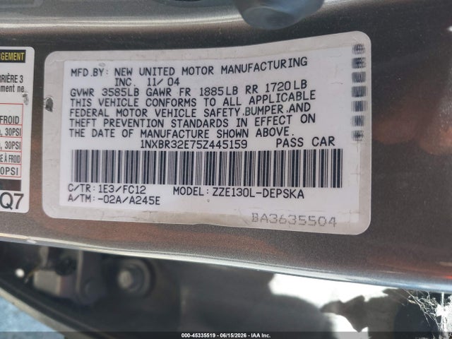 2005 Toyota Corolla S მანქანა იყიდება აუქციონზე, vin: 1NXBR32E75Z445159, აუქციონის ნომერი: 45335519