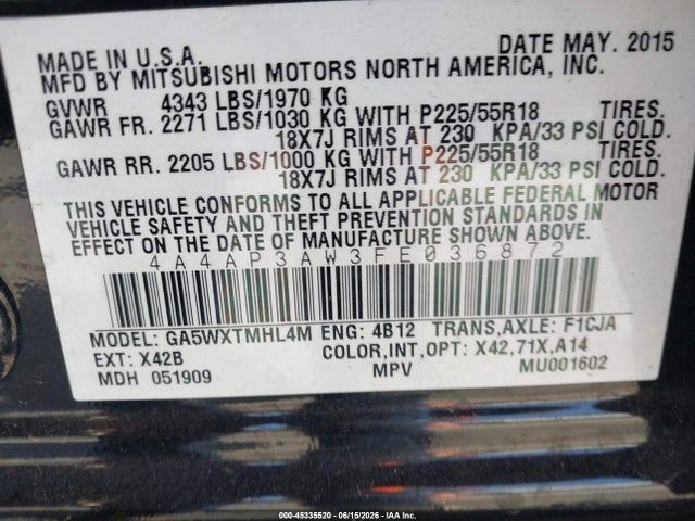 4A4AP3AW3FE036872 Mitsubishi Outlander Sport Es