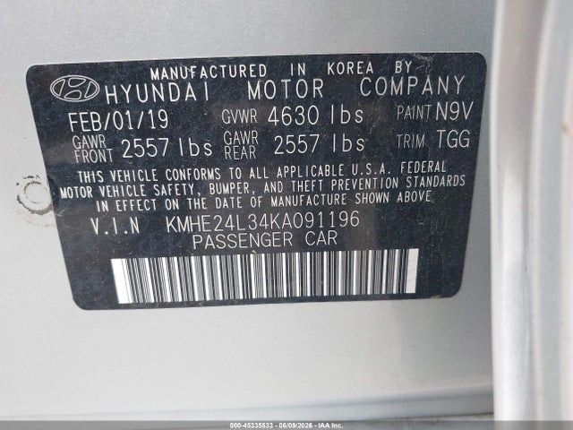 Aukcja sprzedaży 2019 Hyundai Sonata Hybrid Se, vin: KMHE24L34KA091196, numer aukcji: 45335533