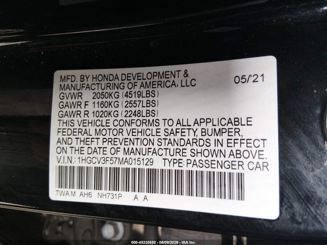 1HGCV3F57MA015129 Honda Accord Hybrid Ex-l