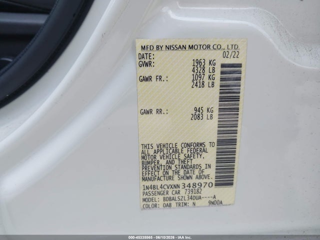 2022 Nissan Altima Sr Fwd მანქანა იყიდება აუქციონზე, vin: 1N4BL4CVXNN348970, აუქციონის ნომერი: 45335565