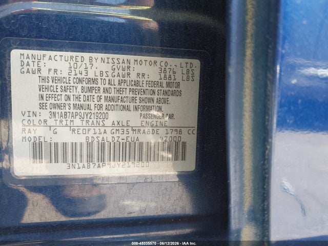 Aukcja sprzedaży 2018 Nissan Sentra Sv, vin: 3N1AB7AP9JY219200, numer aukcji: 45335570