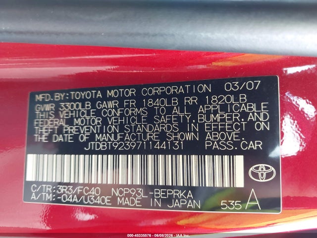 45335576 :رقم المزاد ، JTDBT923971144131 vin ، 2007 Toyota Yaris مزاد بيع