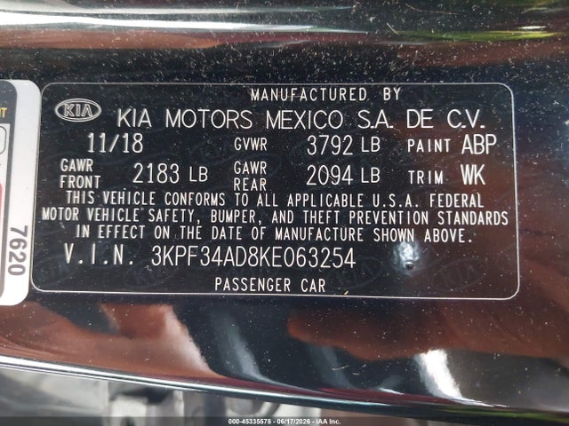 3KPF34AD8KE063254 KIA FORTE S