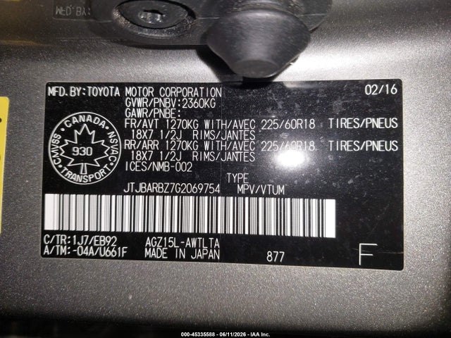 45335588 :رقم المزاد ، JTJBARBZ7G2069754 vin ، 2016 Lexus Nx 200t مزاد بيع