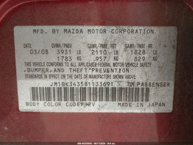 Продаж на аукціоні авто 2008 Mazda Mazda3 S Grand Touring, vin: JM1BK343581133691, номер лоту: 45335593