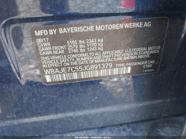 2018 Bmw 540i Xdrive მანქანა იყიდება აუქციონზე, vin: WBAJE7C55JG891379, აუქციონის ნომერი: 45335594