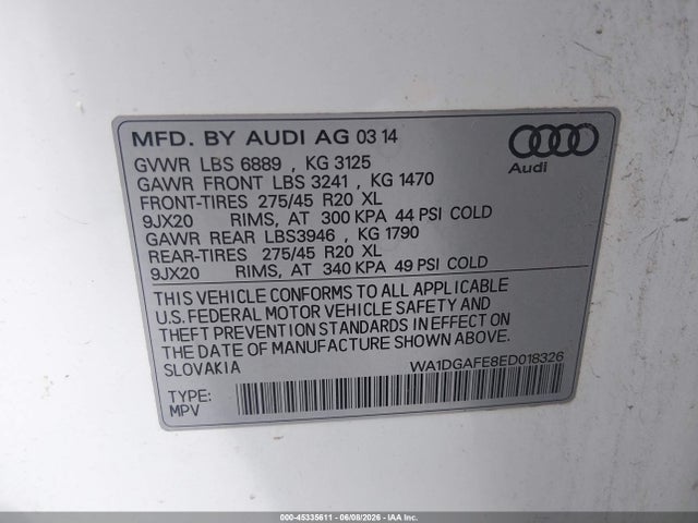 Aukcja sprzedaży 2014 Audi Q7 3.0t S Line Prestige, vin: WA1DGAFE8ED018326, numer aukcji: 45335611