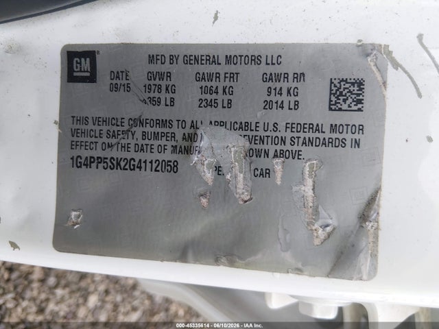 2016 Buick Verano მანქანა იყიდება აუქციონზე, vin: 1G4PP5SK2G4112058, აუქციონის ნომერი: 45335614