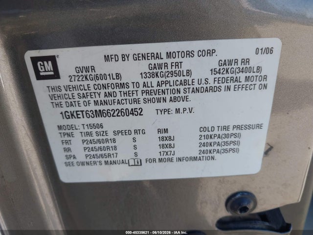 2006 Gmc Envoy Denali მანქანა იყიდება აუქციონზე, vin: 1GKET63M662260452, აუქციონის ნომერი: 45335621
