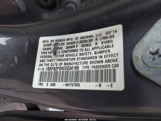 Aukcja sprzedaży 2014 Honda Civic Ex-l, vin: 19XFB2F9XEE034189, numer aukcji: 45335629