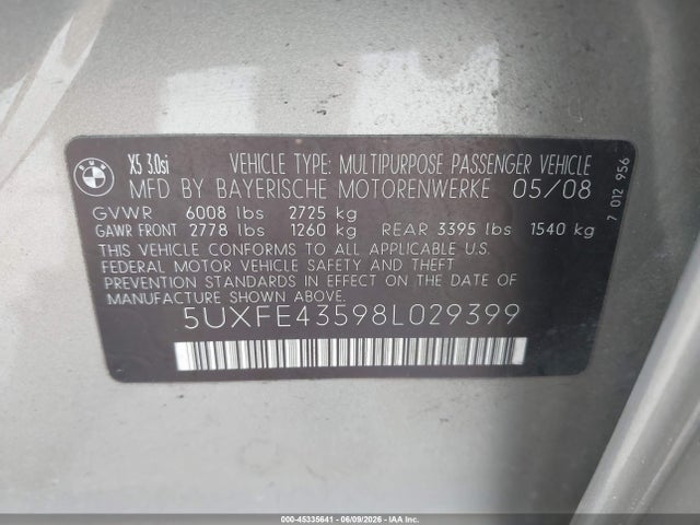 Aukcja sprzedaży 2008 Bmw X5 3.0si, vin: 5UXFE43598L029399, numer aukcji: 45335641
