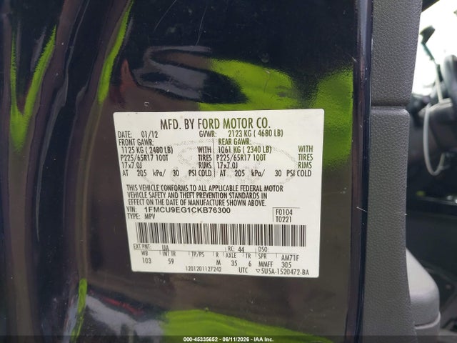 Продаж на аукціоні авто 2012 Ford Escape Limited, vin: 1FMCU9EG1CKB76300, номер лоту: 45335652