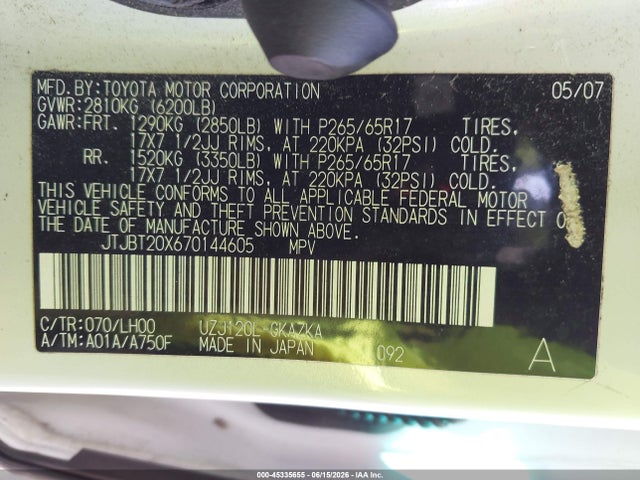 Aukcja sprzedaży 2007 Lexus Gx 470, vin: JTJBT20X670144605, numer aukcji: 45335655
