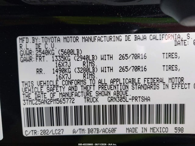 45335665 :رقم المزاد ، 3TMCZ5AN2PM565772 vin ، 2023 Toyota Tacoma Trd Off Road مزاد بيع