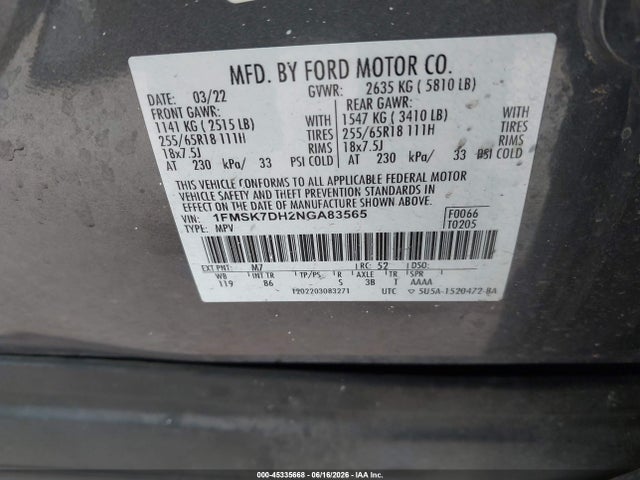 45335668 :رقم المزاد ، 1FMSK7DH2NGA83565 vin ، 2022 Ford Explorer Xlt مزاد بيع