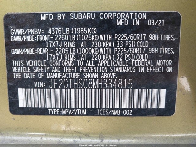 Subaru Crosstrek Sport 2021 JF2GTHSC8MH334815 Image 9