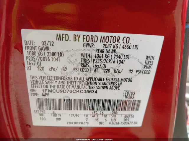 Продаж на аукціоні авто 2012 Ford Escape Xlt, vin: 1FMCU9D76CKC35634, номер лоту: 45335682