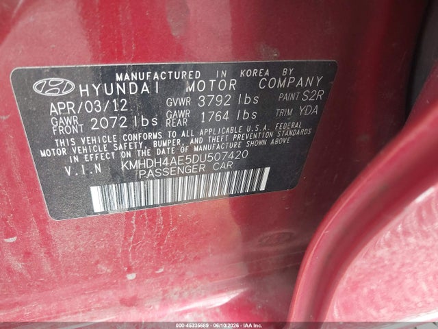 45335689 :رقم المزاد ، KMHDH4AE5DU507420 vin ، 2013 Hyundai Elantra Gls مزاد بيع