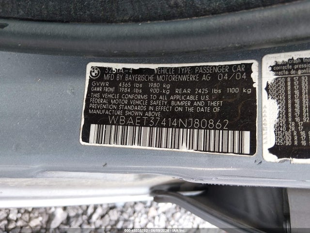 2004 Bmw 325i მანქანა იყიდება აუქციონზე, vin: WBAET37414NJ80862, აუქციონის ნომერი: 45335702