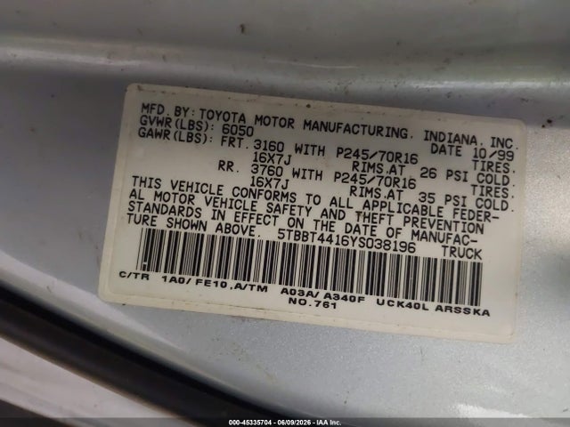 45335704 :رقم المزاد ، 5TBBT4416YS038196 vin ، 2000 Toyota Tundra Sr5 V8 مزاد بيع