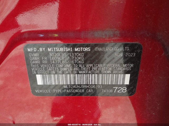 2024 Mitsubishi Mirage Es/le მანქანა იყიდება აუქციონზე, vin: ML32AUHJ9RH006293, აუქციონის ნომერი: 45335715