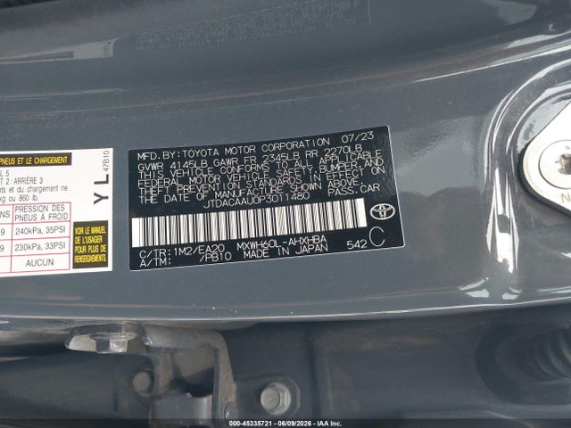 2023 Toyota Prius Limited მანქანა იყიდება აუქციონზე, vin: JTDACAAU0P3011480, აუქციონის ნომერი: 45335721