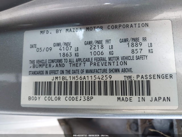 45335732 :رقم المزاد ، JM1BL1H56A1154259 vin ، 2010 Mazda Mazda3 S Sport مزاد بيع