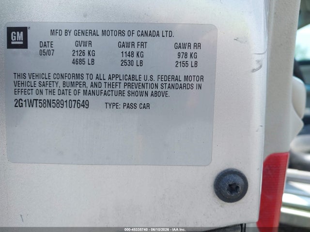 Продажа на аукционе авто 2008 Chevrolet Impala Lt, vin: 2G1WT58N589107649, номер лота: 45335740